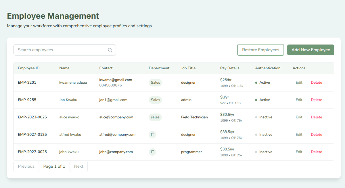 Add, assign IDs, and restore deleted employees with our intuitive interface. Set job duties and location settings with ease.